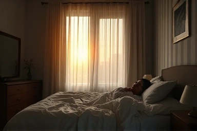 Peaceful awakening from sleep paralysis in a serene bedroom.