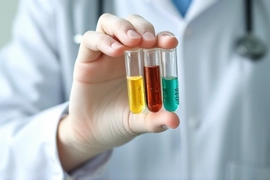 Doctor analyzing different colored mucus samples in a vial.