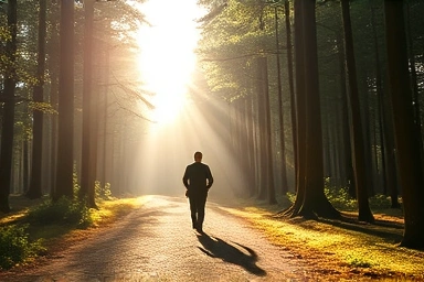 Person walking on a peaceful forest path, symbolizing mental recovery.