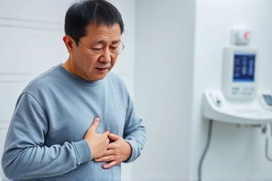 Man concerned about stomach discomfort, potential early sign of stomach cancer.