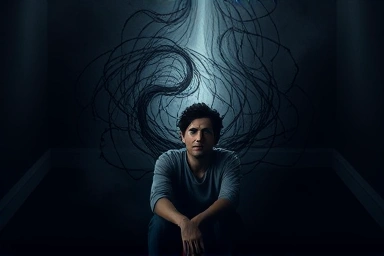 Person trapped in swirling dark thoughts, seeking light.