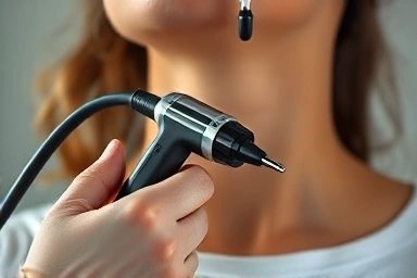 Medical professional performing thyroid ultrasound, emphasizing care.
