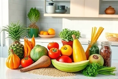Assortment of healthy foods: vegetables, fruits, and whole grains.