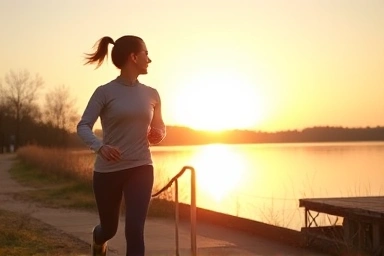 Person walking by lake for uric acid management exercise.