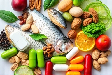 Nutrient-rich foods and supplements symbolizing energy and well-being.