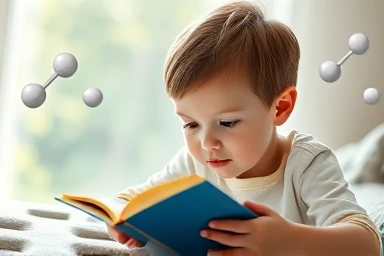 Child concentrating on book, supported by abstract omega3 molecules.
