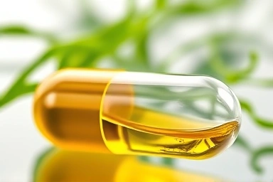 Clear capsule with golden Omega-3 liquid, signifying absorption.