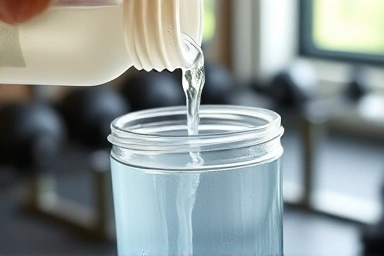 Pouring clear amino acid supplement into shaker bottle.
