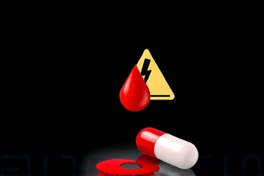 Blood drop and omega-3 capsule with a warning symbol.
