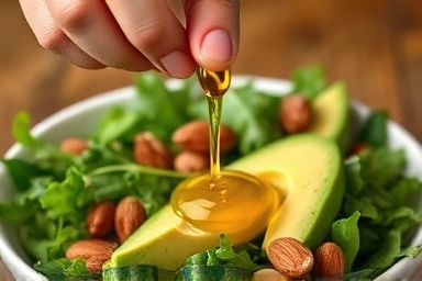 Drizzling olive oil on a fresh, healthy salad