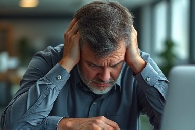 Tired middle-aged man struggling with fatigue at work.