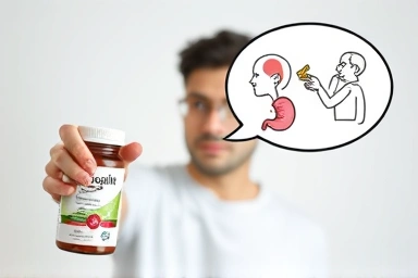 Frustrated person with arginine supplement, symbolizing side effects.