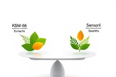 Balanced scale comparing two health supplement extracts, KSM-66 and Sensoril.