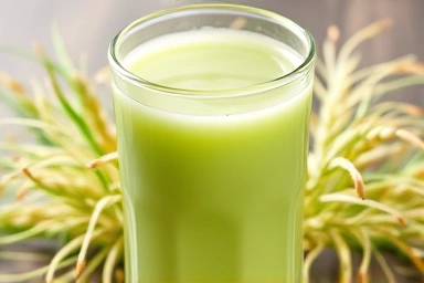 Glass of healthy green drink with barley sprouts, symbolizing purity.