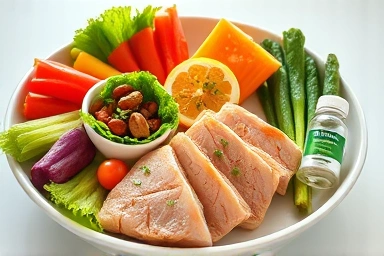 Healthy Korean meal with a supplement bottle