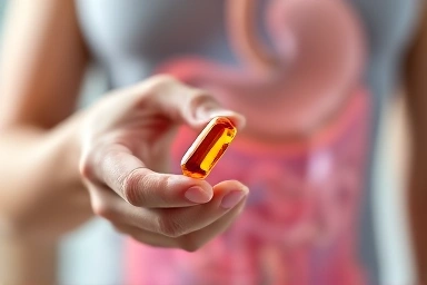 Hand holding probiotic capsule, healthy gut symbol.