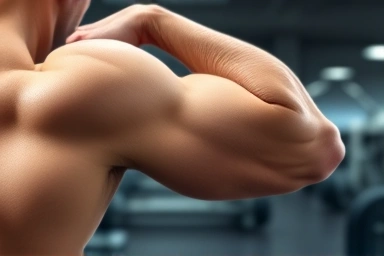 Powerful flexing bicep with glowing energy lines