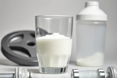 Creatine powder, shaker, and weight plate in bright setting