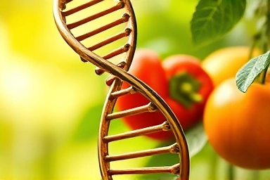 DNA helix intertwined with healthy food, symbolizing personalized nutrition.