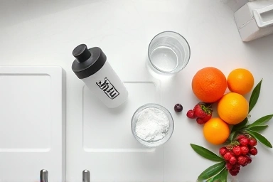 EAA powder, shaker, water, and fresh fruits on a kitchen counter.