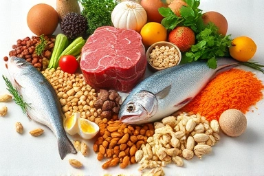 Healthy protein-rich foods arranged for essential amino acid intake.
