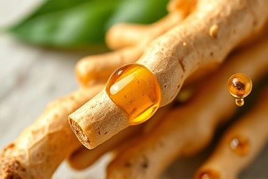 Close-up of fresh fingerroot with golden oil, symbolizing panduratin essence.