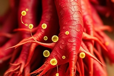 Vibrant red ginseng roots with swirling golden saponin particles.