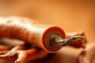Close-up of a smooth, concentrated 6-year-old red ginseng stick.