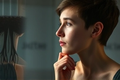 Person contemplating gut health, symbolic digestive system elements.