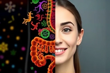 Healthy gut microbiome and person with clear skin and energy.
