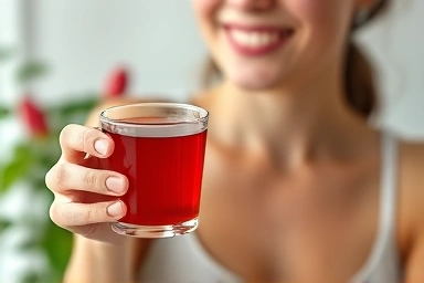 Healthy person enjoying hibiscus tea with balanced lifestyle elements.