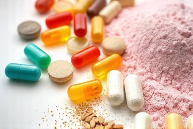 Artful arrangement of diverse probiotic capsules and powders.