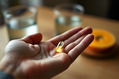 Person holding iron supplement capsule, healthy intake