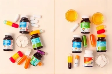 Supplements separated by compatibility, healthy eating concept.