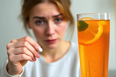 Woman feeling tired, iron supplement, vitamin C drink, vitality.