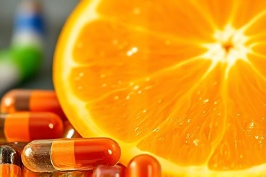 Iron pills, orange slice, vitamin C, nutrient synergy.