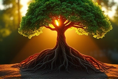 Child growth, strong tree, healthy roots, natural light, vitality