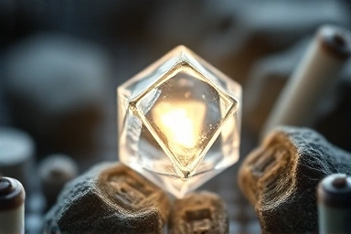 Calcium crystal, glowing, essential vitamins, minerals, macro shot