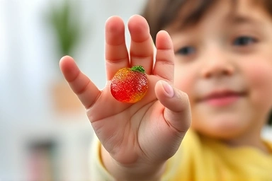 Child reaching for colorful omega-3 gummy.
