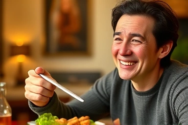Person enjoying food happily, free from digestive discomfort.