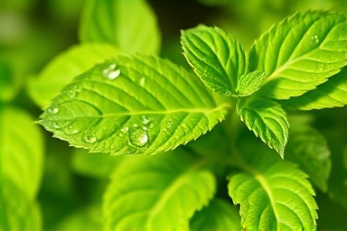Vibrant green lemon balm leaves with dew drops, symbolizing health.