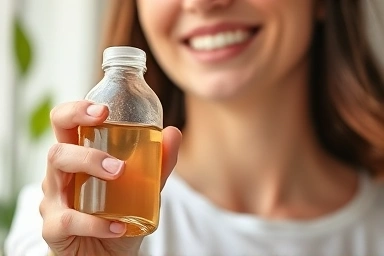 Person holding liquid iron supplement bottle, feeling healthy.