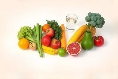Healthy foods: fruits, vegetables, and water for digestion.