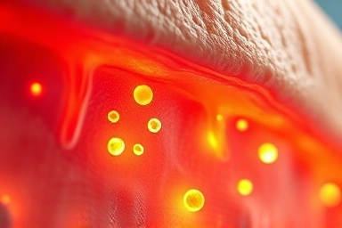 Glowing collagen molecules absorbed into skin dermis