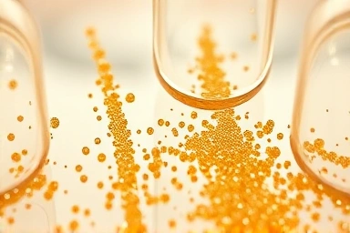 Tiny, shimmering golden particles dissolving in clear liquid