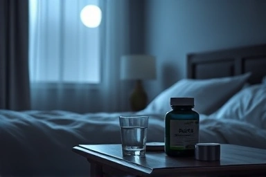 Serene bedroom nightstand with sleep supplements.