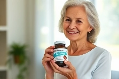 Woman experiencing healthy menopause with Omega-3 supplements.