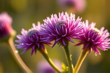 Milk thistle flowers, morning dew, natural health supplement ingredient.