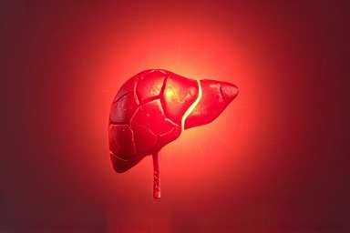 Healthy liver with subtle risk indicators, health supplement awareness.