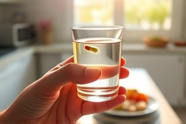 Multivitamin capsule in water with morning sunlight.